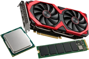 Kırmızı ekran kartı, gümüş işlemci ve yeşil NVMe SSD
