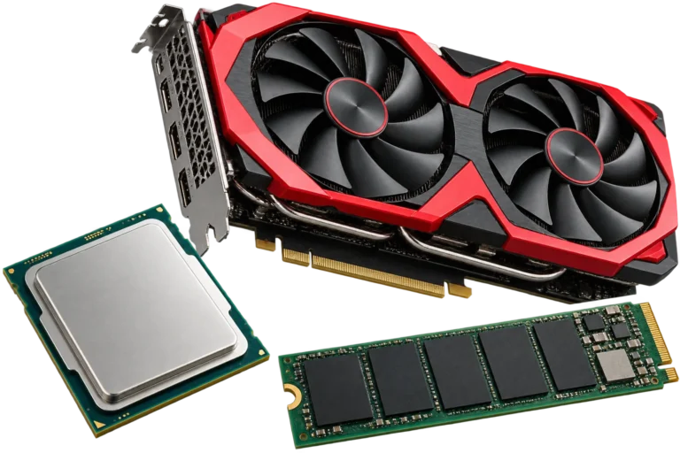 Kırmızı ekran kartı, gümüş işlemci ve yeşil NVMe SSD
