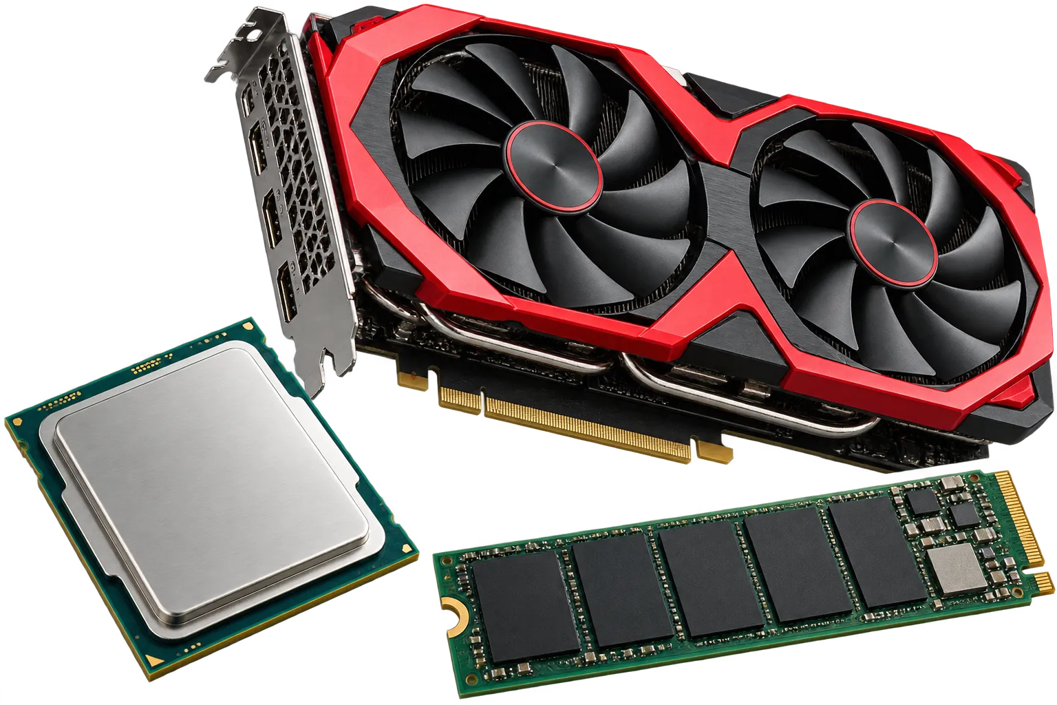 Kırmızı ekran kartı, gümüş işlemci ve yeşil NVMe SSD