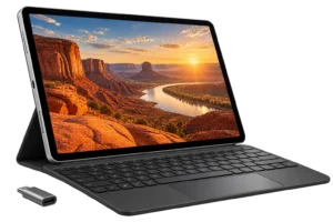 Siyah klavyeli kılıfı ile yatay konumdaki tablet