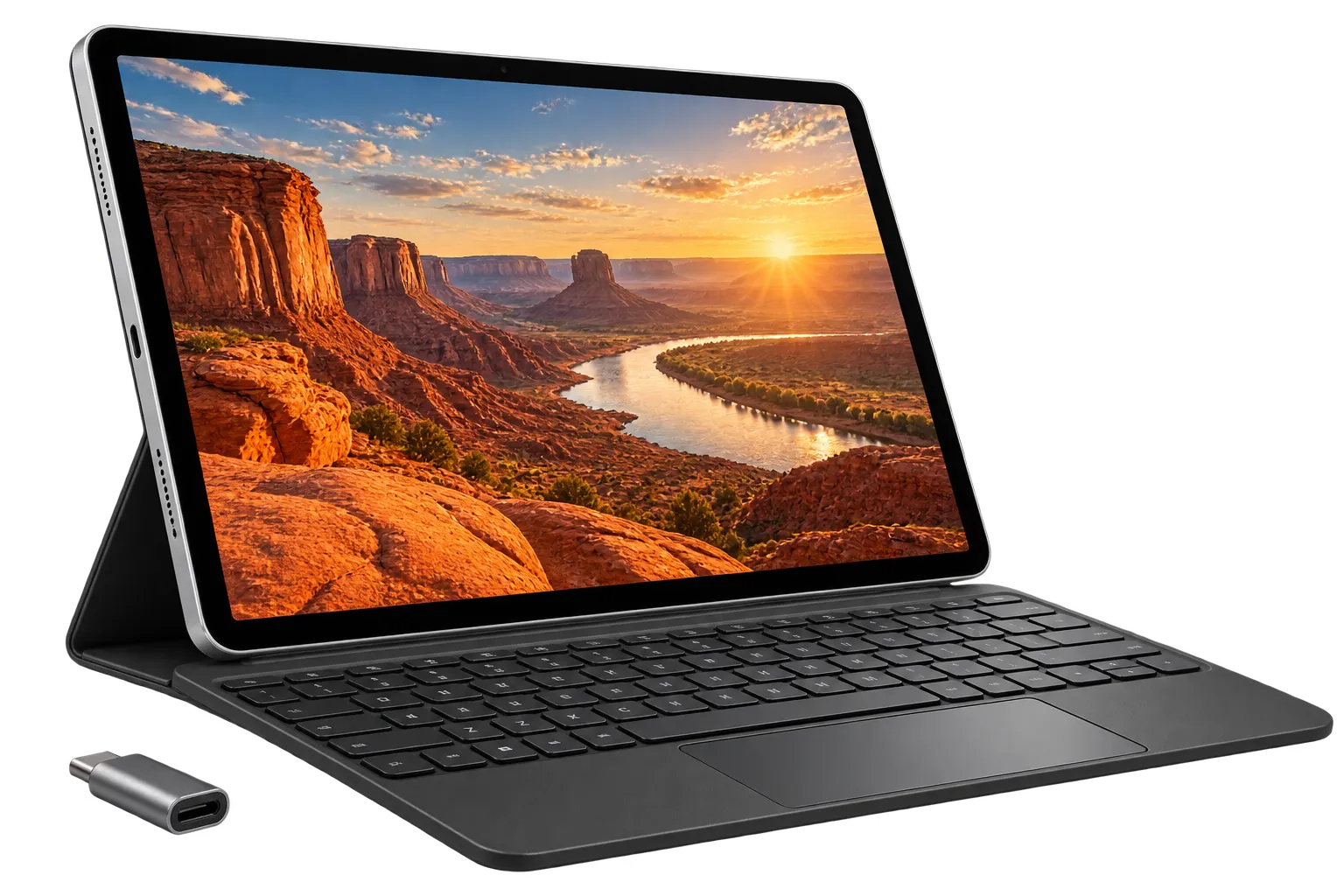 Siyah klavyeli kılıfı ile yatay konumdaki tablet