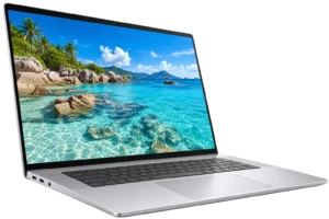Turkuaz deniz manzarası gösteren gümüş laptop