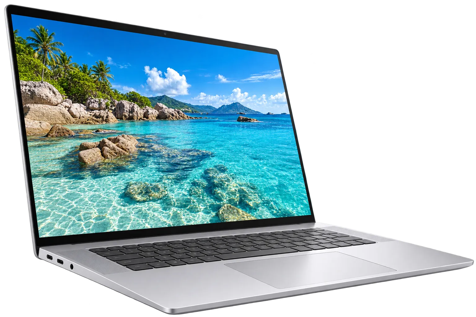 Turkuaz deniz manzarası gösteren gümüş laptop