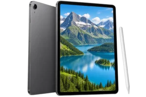 Kalemiyle birlikte dikey duran tabletin ön ve arka görünümü