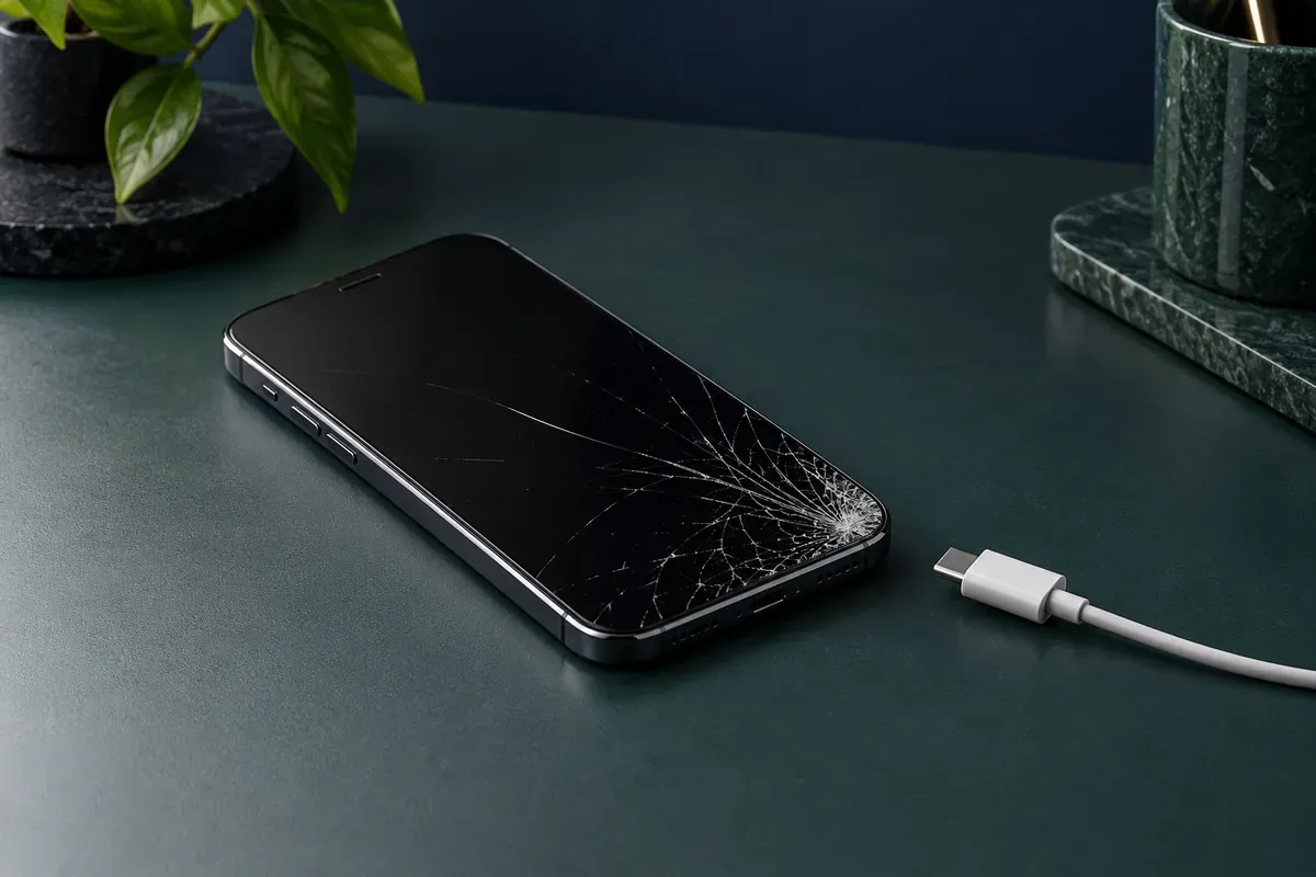 Ekran camı çatlamış telefon ve bağlantısı çıkarılmış şarj kablosu