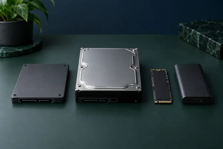 Masa üzerinde HDD, SATA SSD, M.2 SSD ve harici disk kutusu