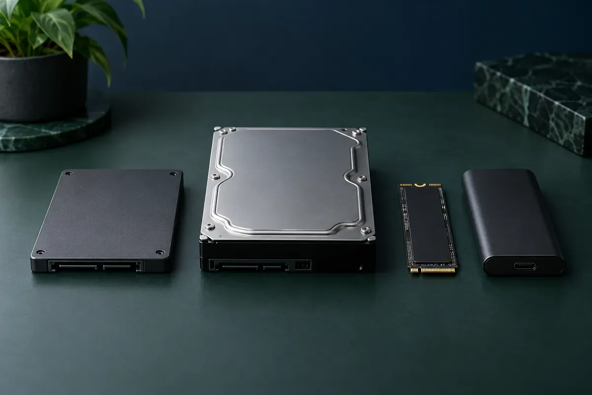 Masa üzerinde HDD, SATA SSD, M.2 SSD ve harici disk kutusu