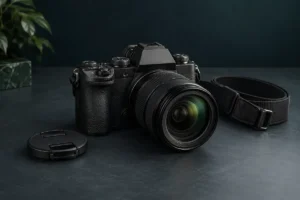 Objektifi takılı fotoğraf makinesi, lens kapağı ve taşıma askısı