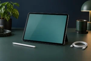 Stand üzerinde tablet, dokunmatik kalem ve şarj kablosu