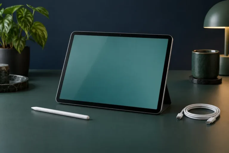 Stand üzerinde tablet, dokunmatik kalem ve şarj kablosu