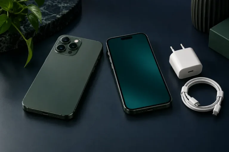 İkinci el telefon değerlemesini temsil eden iki telefon ve şarj adaptörü