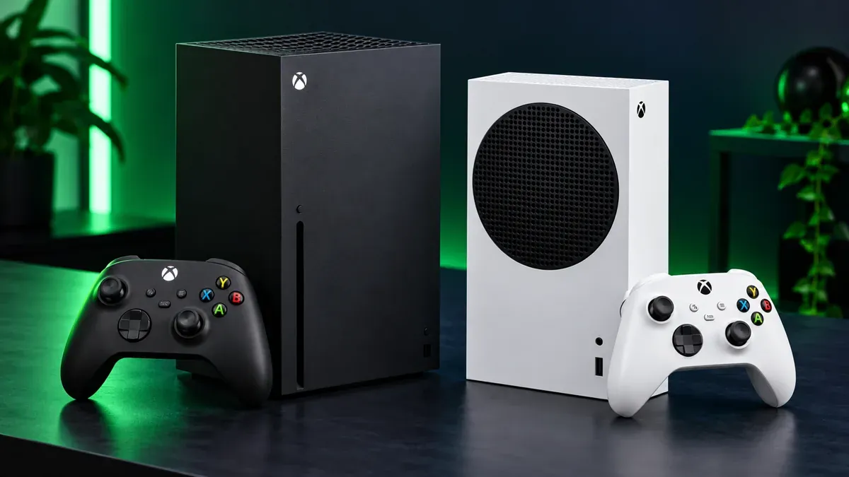 Xbox alan yerler için Series X, Series S ve iki Xbox kumandası